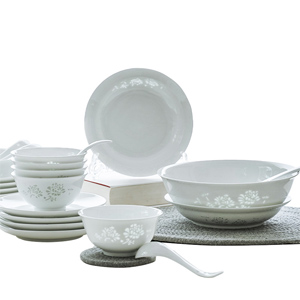 古鎮陶瓷 景德鎮玲瓏白瓷陶瓷餐具白色碗盤碟勺碗碟套裝家用盤子